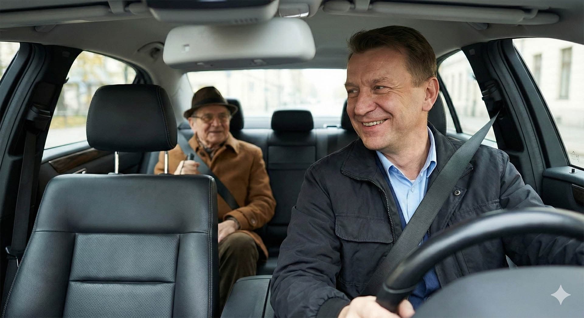 Kuljettaja asiakkaan kanssa matkalla